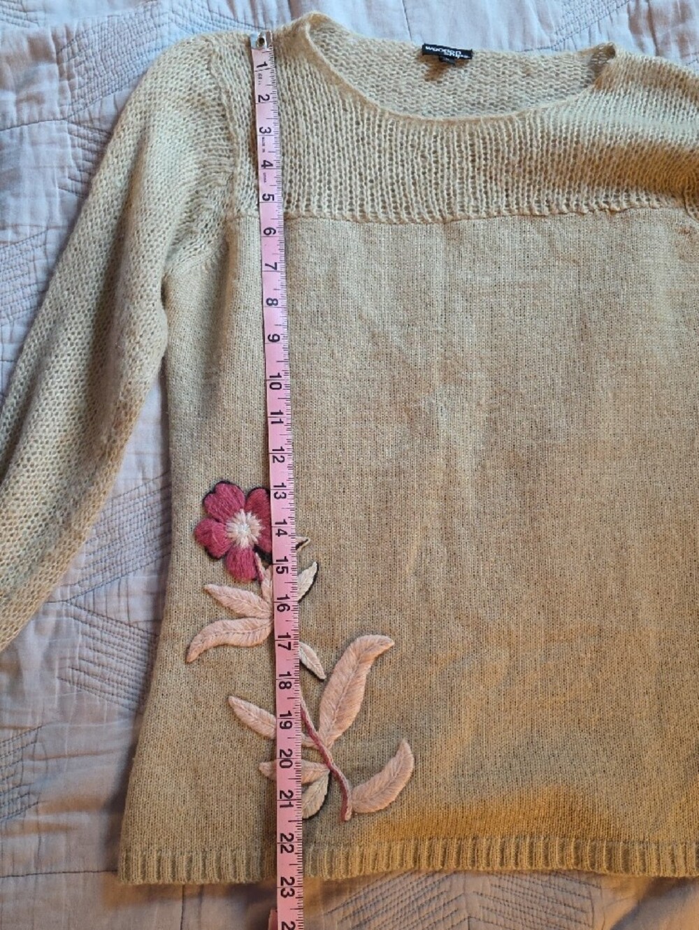 Wooden Ships Beige Crewneck Sweater with Pink Floral Appliqué - Picture 7 of 8